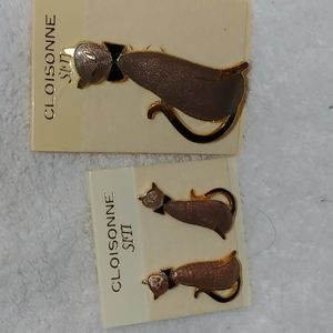 Cloisonne Siti Cat Earrings and Brooch Set - Bronzy Lavender color